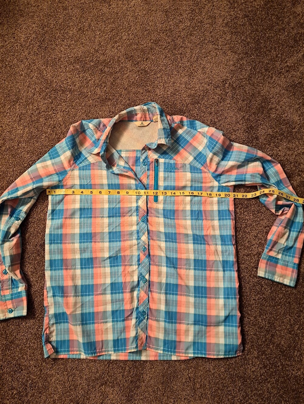 Ascend Lightweight Teal & Peach Plaid Casual Button-Down Shirt.Fishing,Hiking - Picture 8 of 9